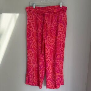 Blu Sol Fushia Paisley Print Wide Leg Cropped Pants Linen Blend Size Medium